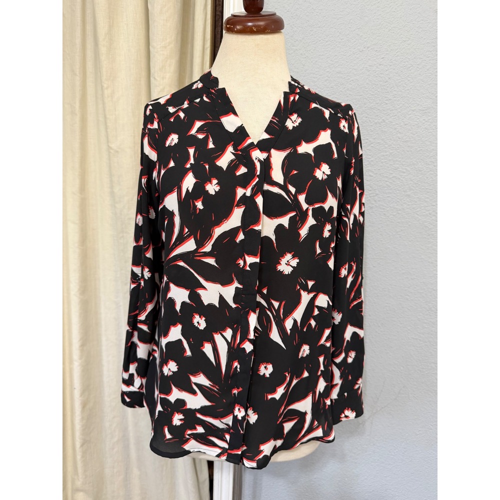 Apt 9 Womens Petite Small Floral Blouse Black Red White V-Neck Long Sleeve